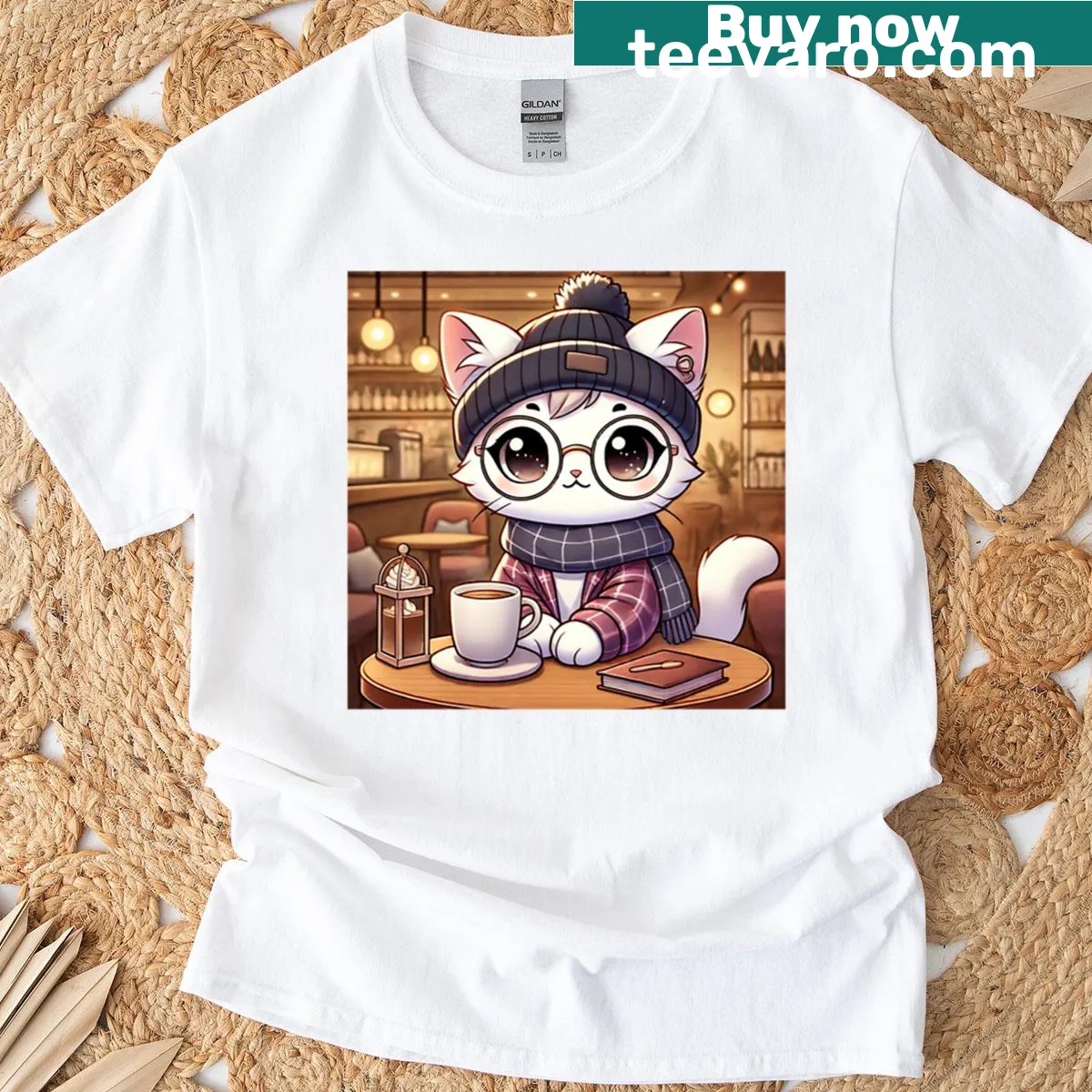 Illustrated hipster kitten wearing glasses and a cap on a t-shirt — on a men's t-shirt