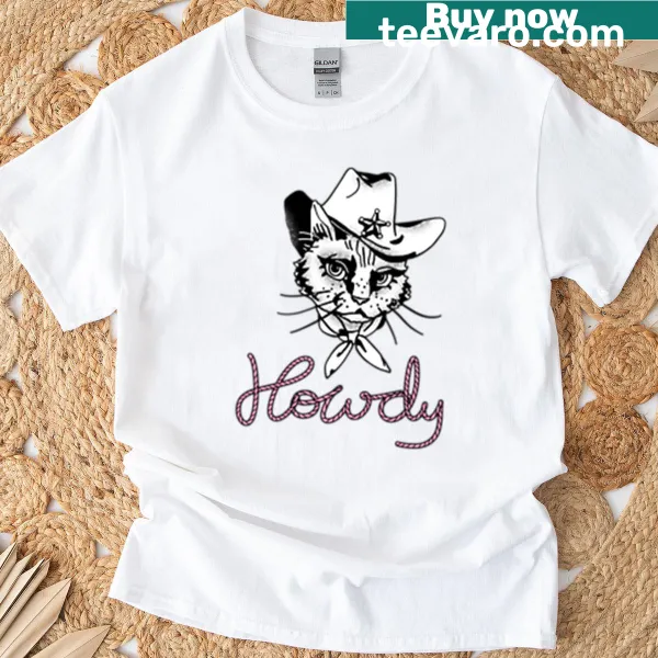 Illustration of a cowboy cat character on a humorous t-shirt