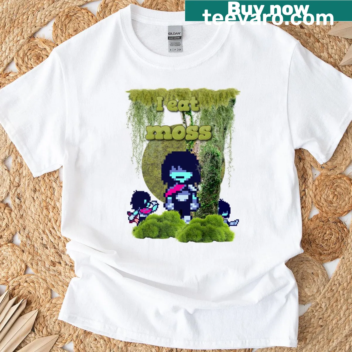 Deltarune-themed T-shirt with 'I Eat Moss' text in bold font — on a men's t-shirt