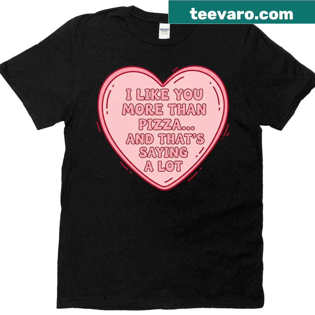 Oversized shirt with text expressing love for someone more than pizza — on a men's t-shirt