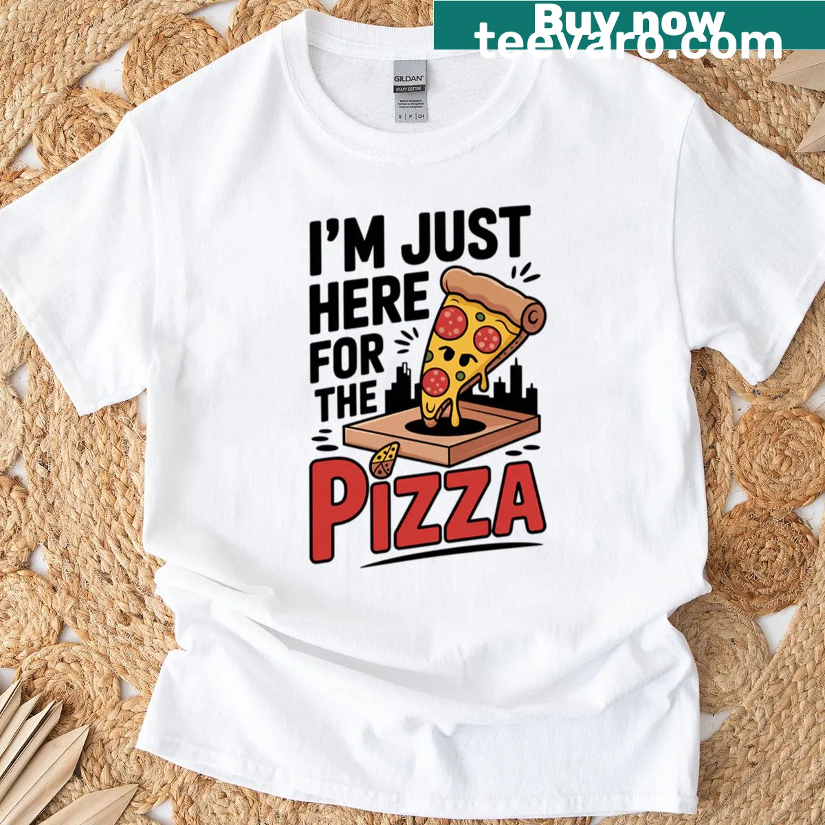 Funny t-shirt with pizza-themed message — on a men's t-shirt