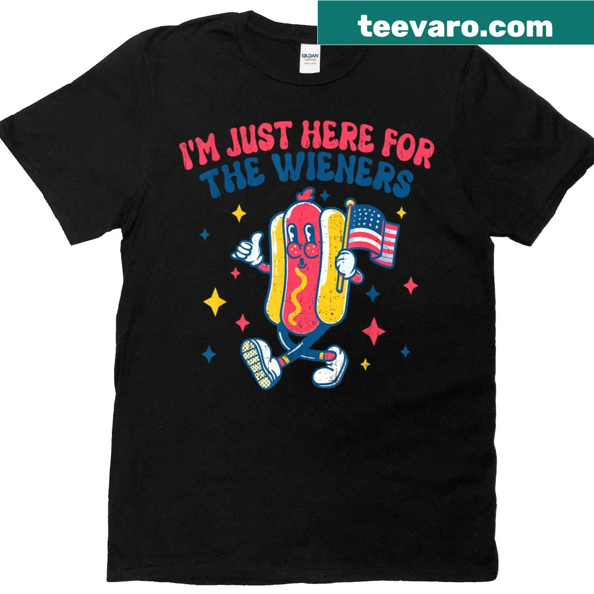 Funny 4th of July t-shirt stating 'I'm Just Here For The Wieners' — on a men's t-shirt