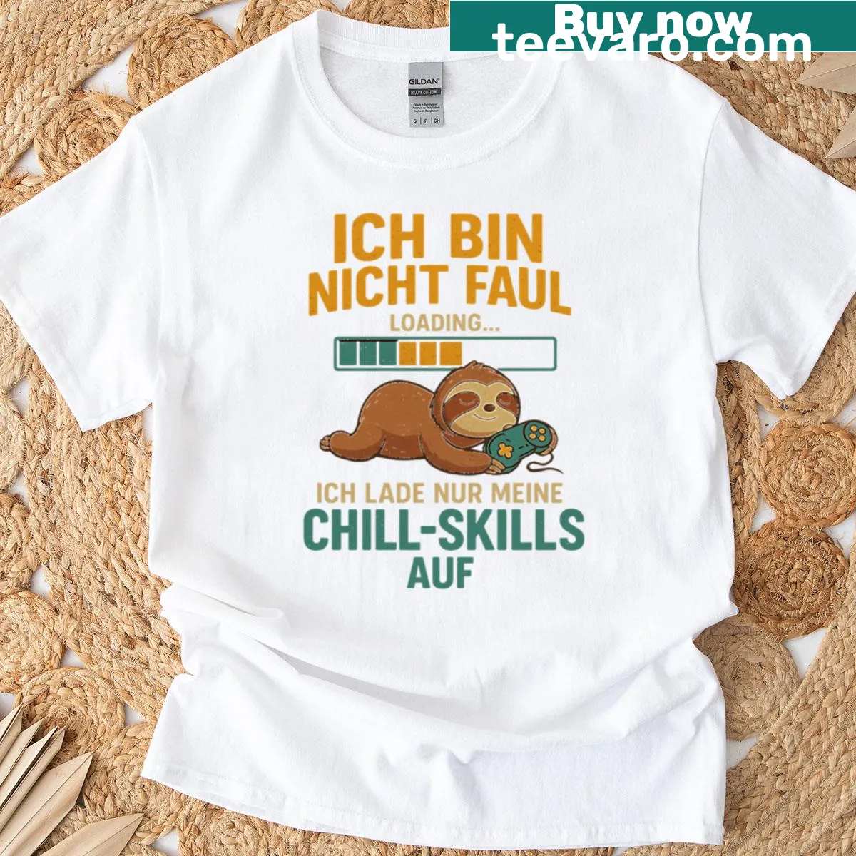 Funny sloth gaming T-shirt stating 'I’m Not Lazy, I’m Just Recharging My Chill Skills' — on a men's t-shirt