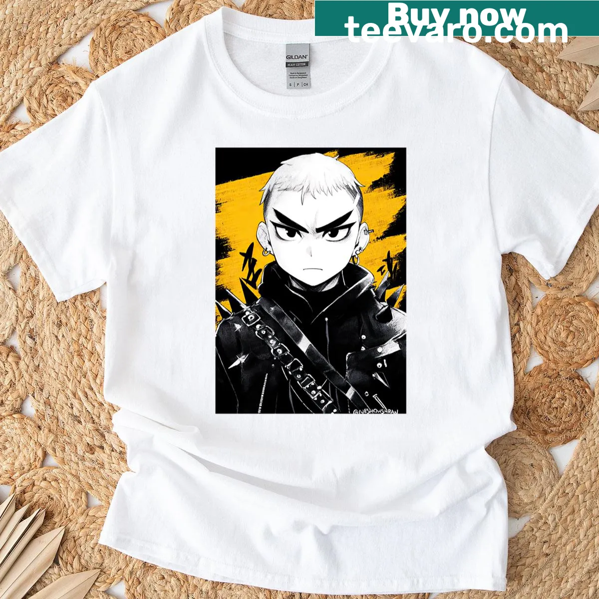 T-shirt featuring a punk rebel with black makeup expression — on a men's t-shirt