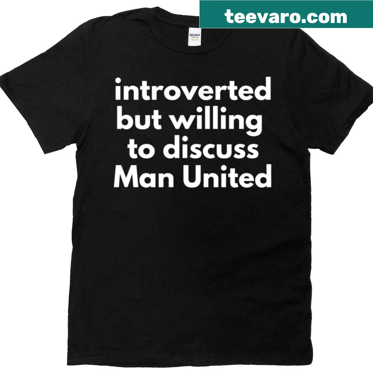 Typographic T-shirt expressing willingness to discuss Manchester United — on a men's t-shirt