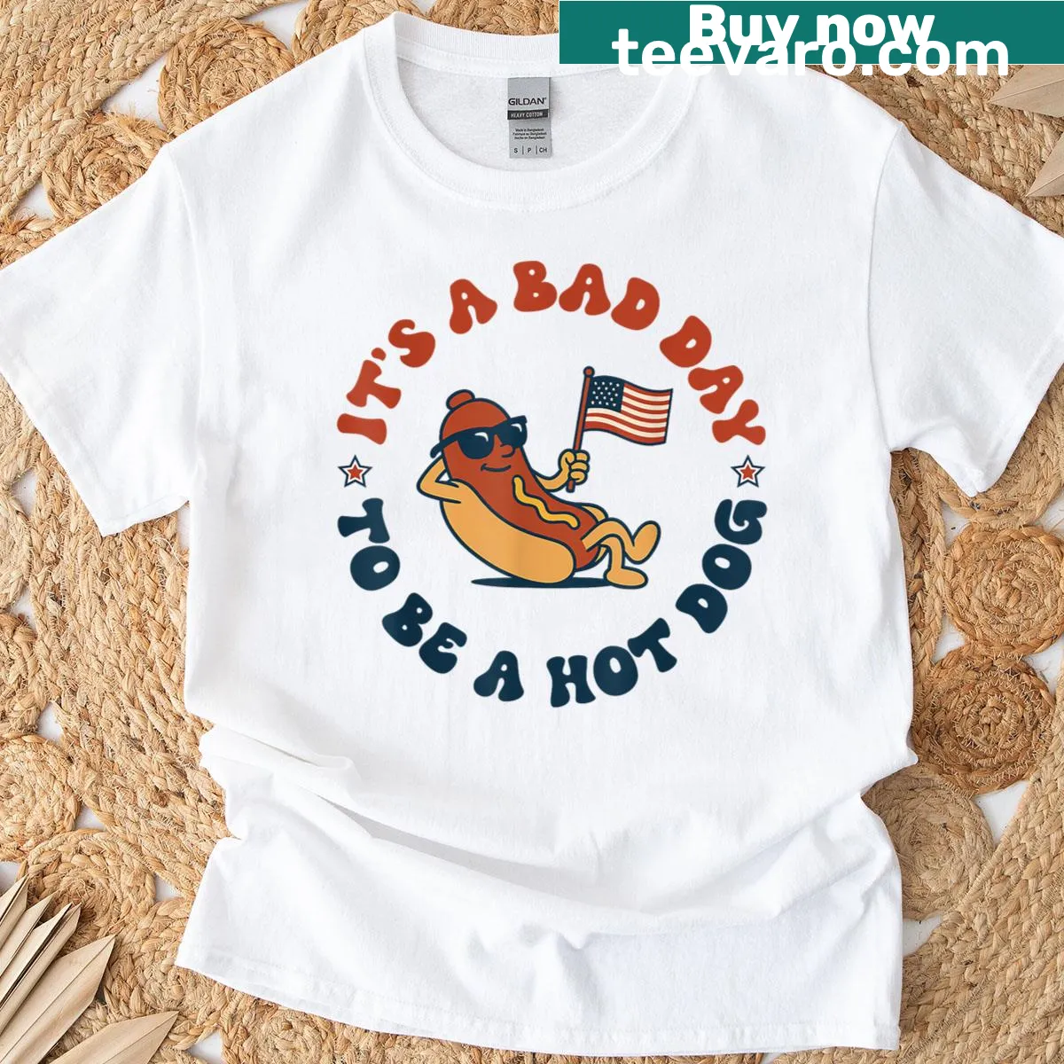 Funny Fourth of July t-shirt with hot dog humor — on a men's t-shirt