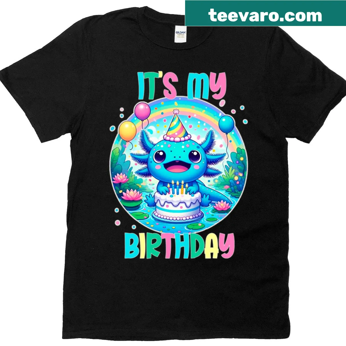 Cute axolotl birthday T-shirt with playful design — on a men's t-shirt