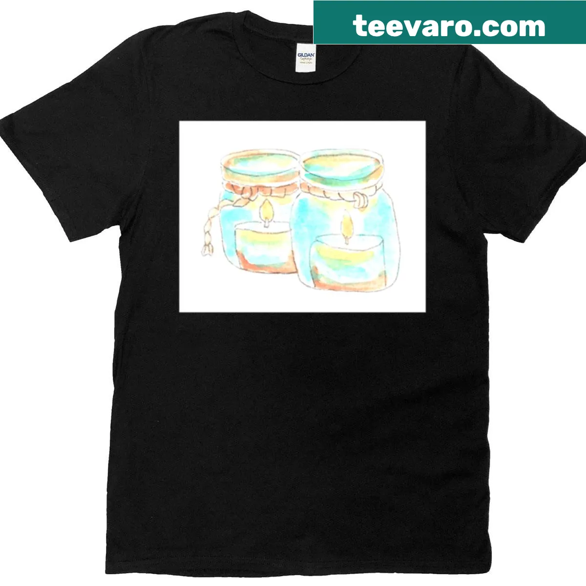 Hand-drawn watercolor jars with candles illustration on a T-shirt — on a men's t-shirt