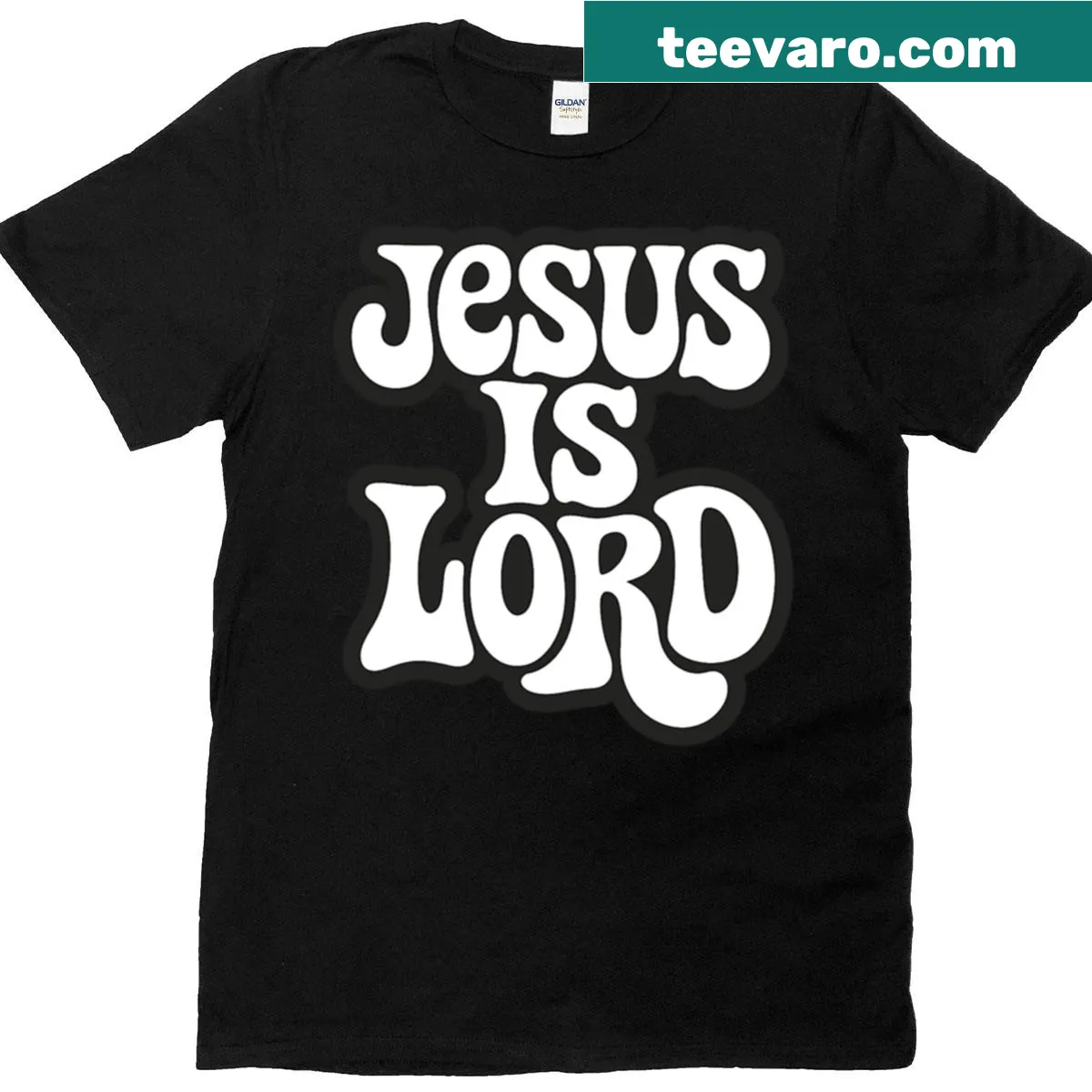 Psychedelic typography T-shirt with the phrase 'Jesus Is Lord' — on a men's t-shirt