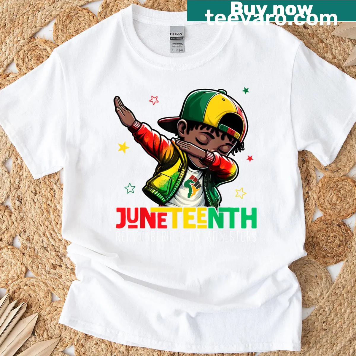 Kids T-shirt with illustration honoring ancestors for Juneteenth — on a men's t-shirt