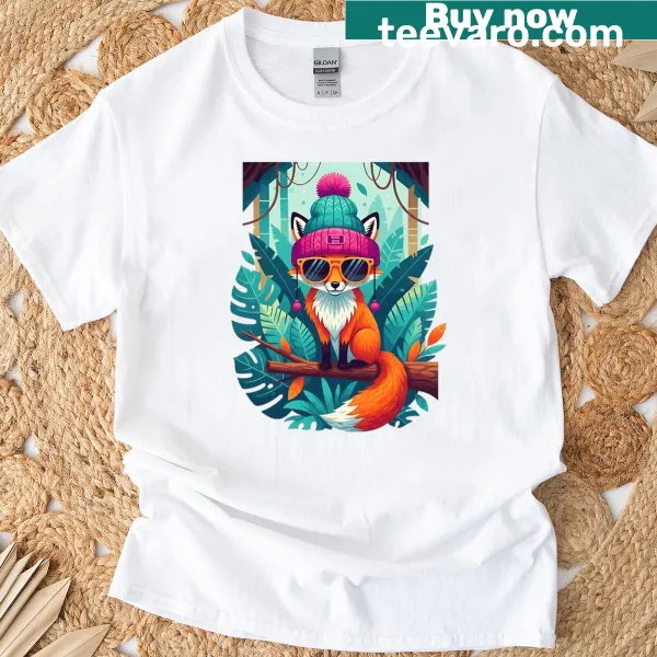 Cartoon fox wearing a beanie on a T-shirt