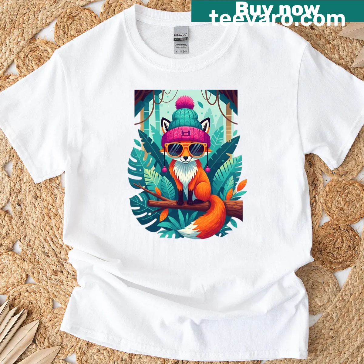 Cartoon fox wearing a beanie on a T-shirt — on a men's t-shirt