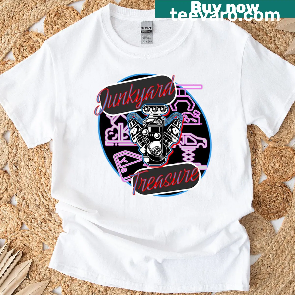 Whimsical illustration of rusty treasures on a Junkyard Treasure t-shirt — on a men's t-shirt