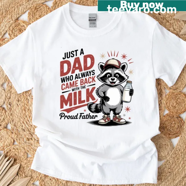 Retro style dad joke T-shirt with text about coming back with milk.