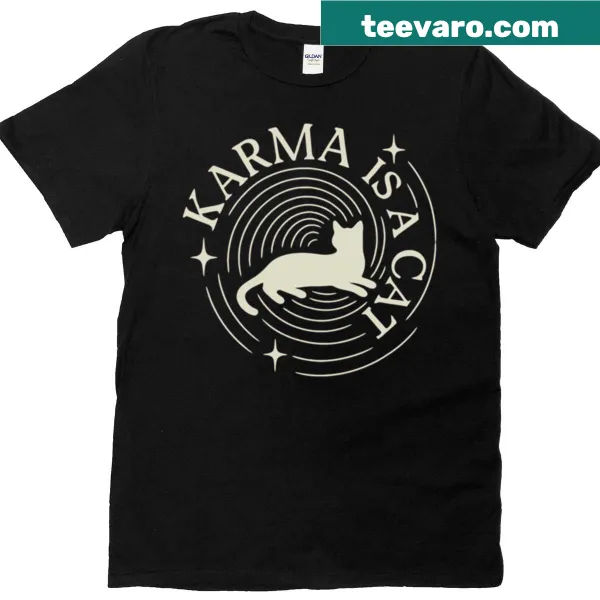 Cartoon design with the phrase Karma Is A Cat and cat graphics