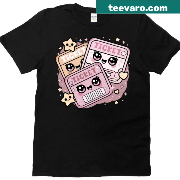 Illustrated T-shirt featuring kawaii pastel travel tickets