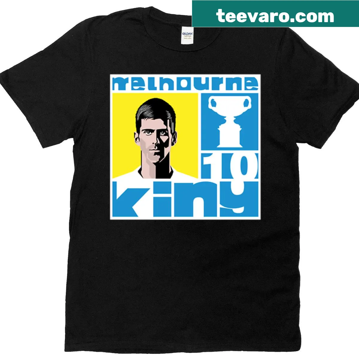 King Of Melbourne T-shirt with championship graphic and text — on a men's t-shirt