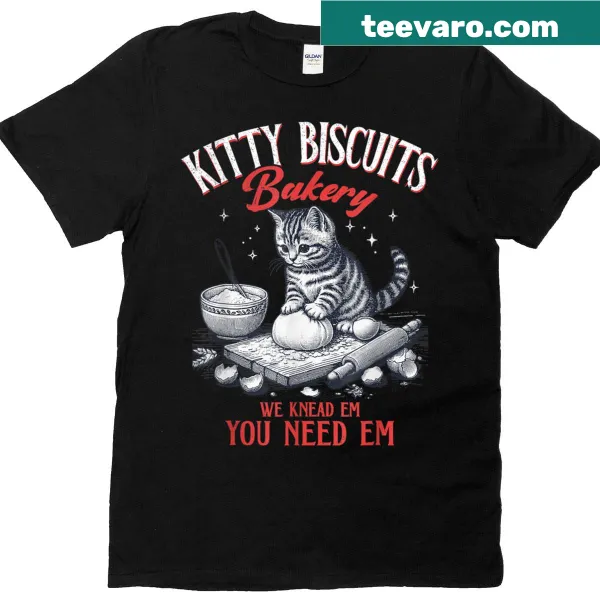 Cute bakery-themed T-shirt with baking cats and biscuits