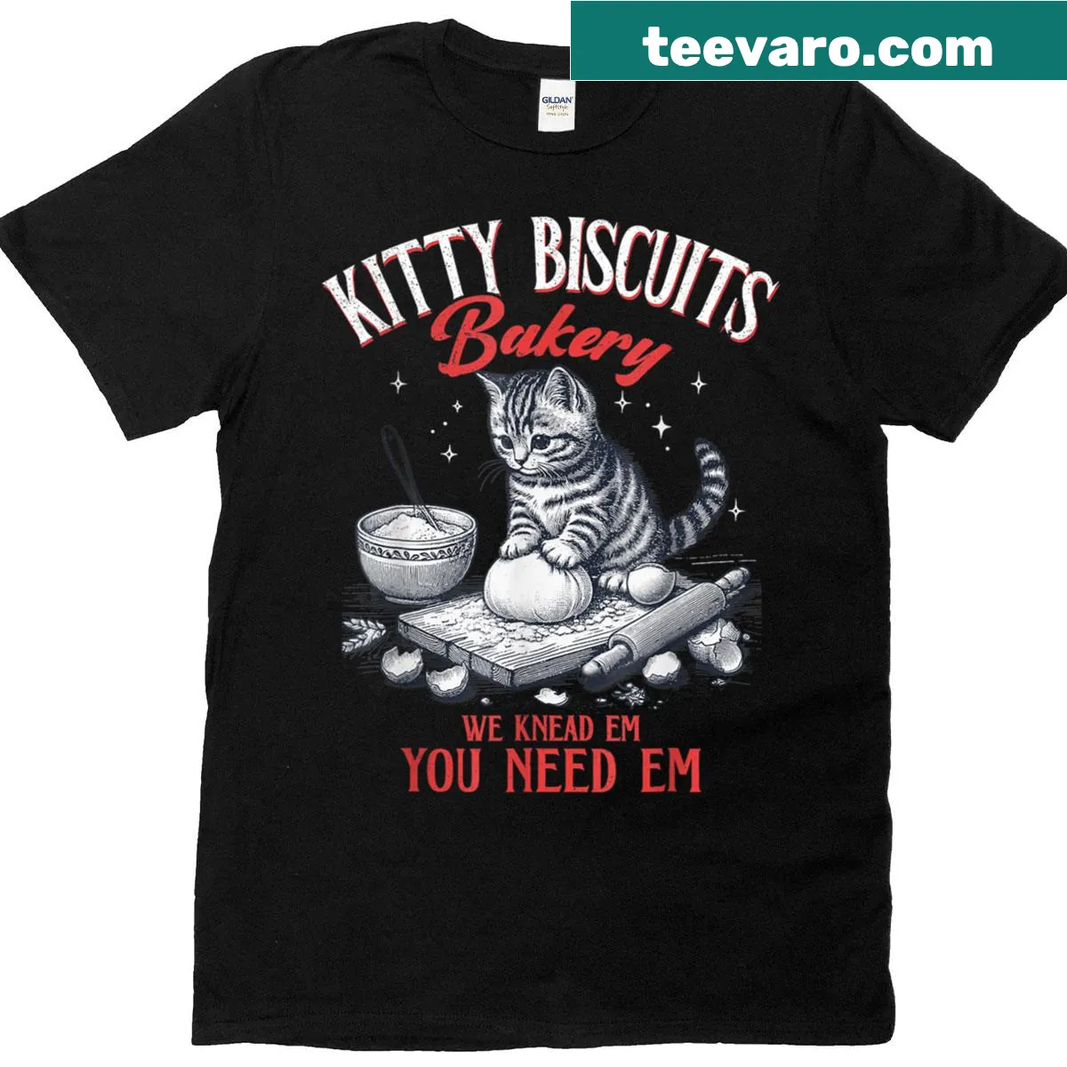 Cute bakery-themed T-shirt with baking cats and biscuits — on a men's t-shirt