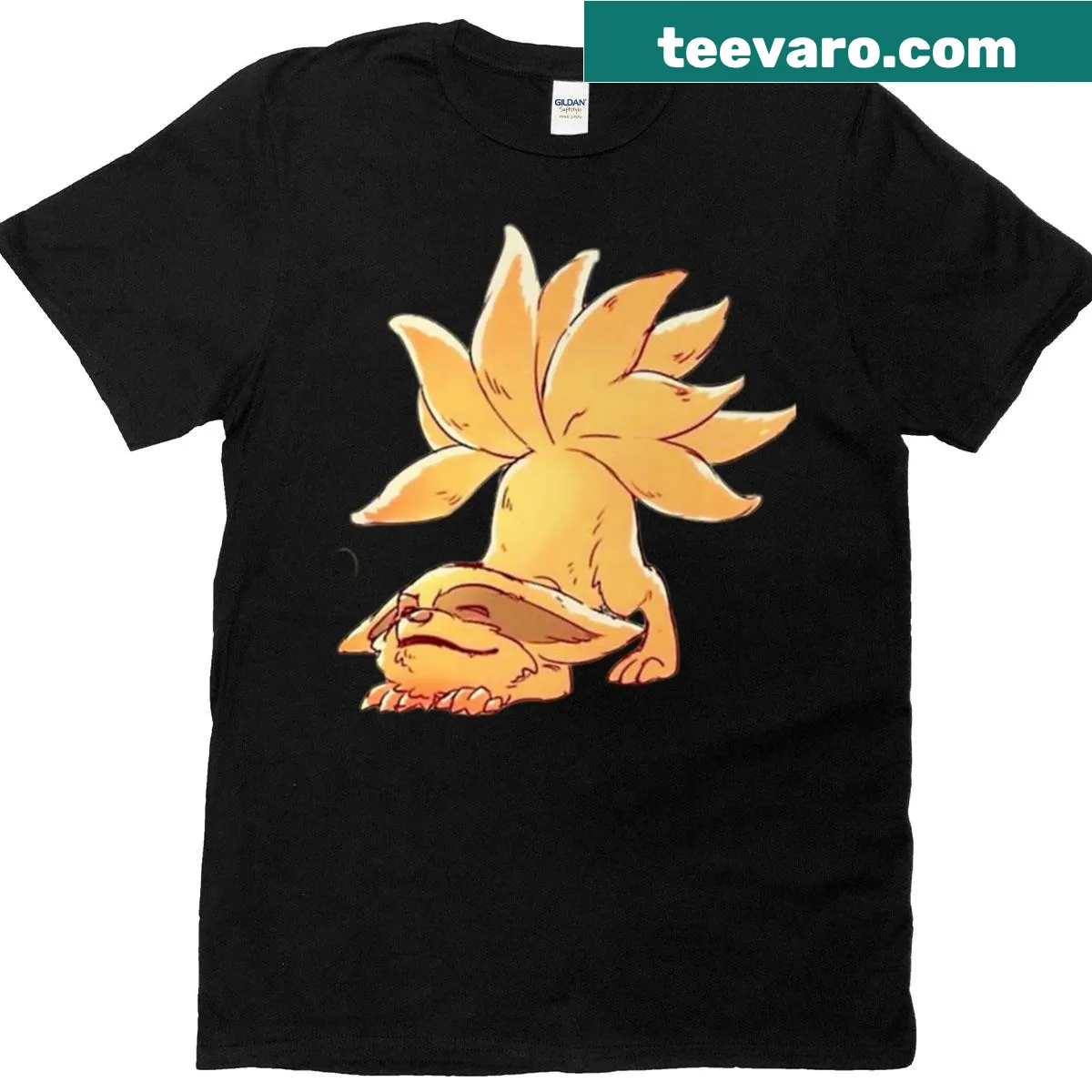 Kurama illustration in cute mode with whimsical text on T-shirt — on a men's t-shirt