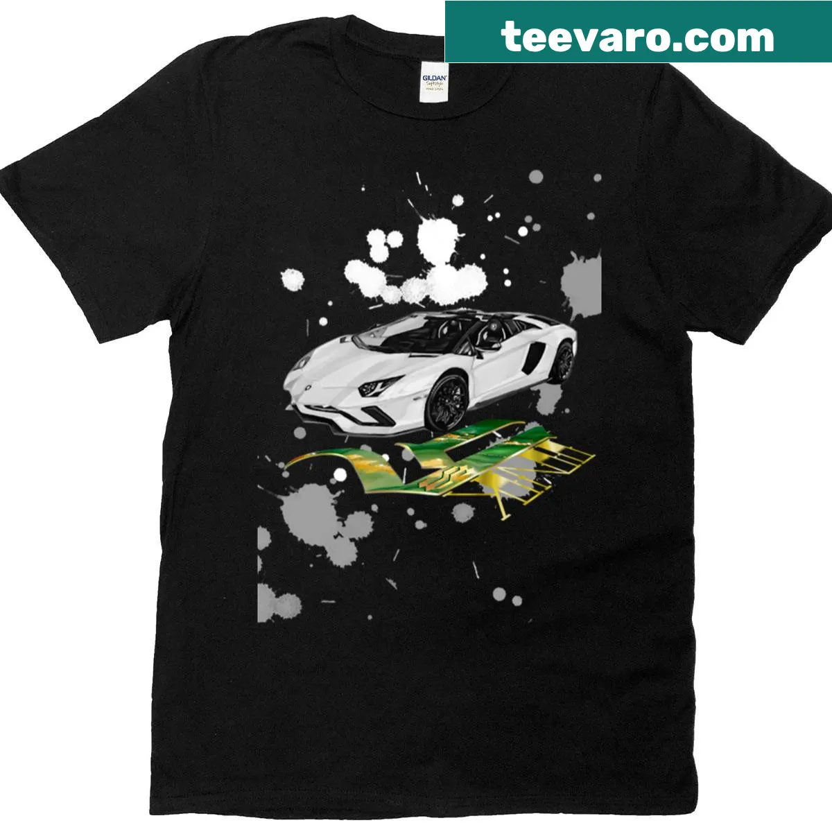 Dynamic Lamborghini splatter graphic on T-shirt — on a men's t-shirt