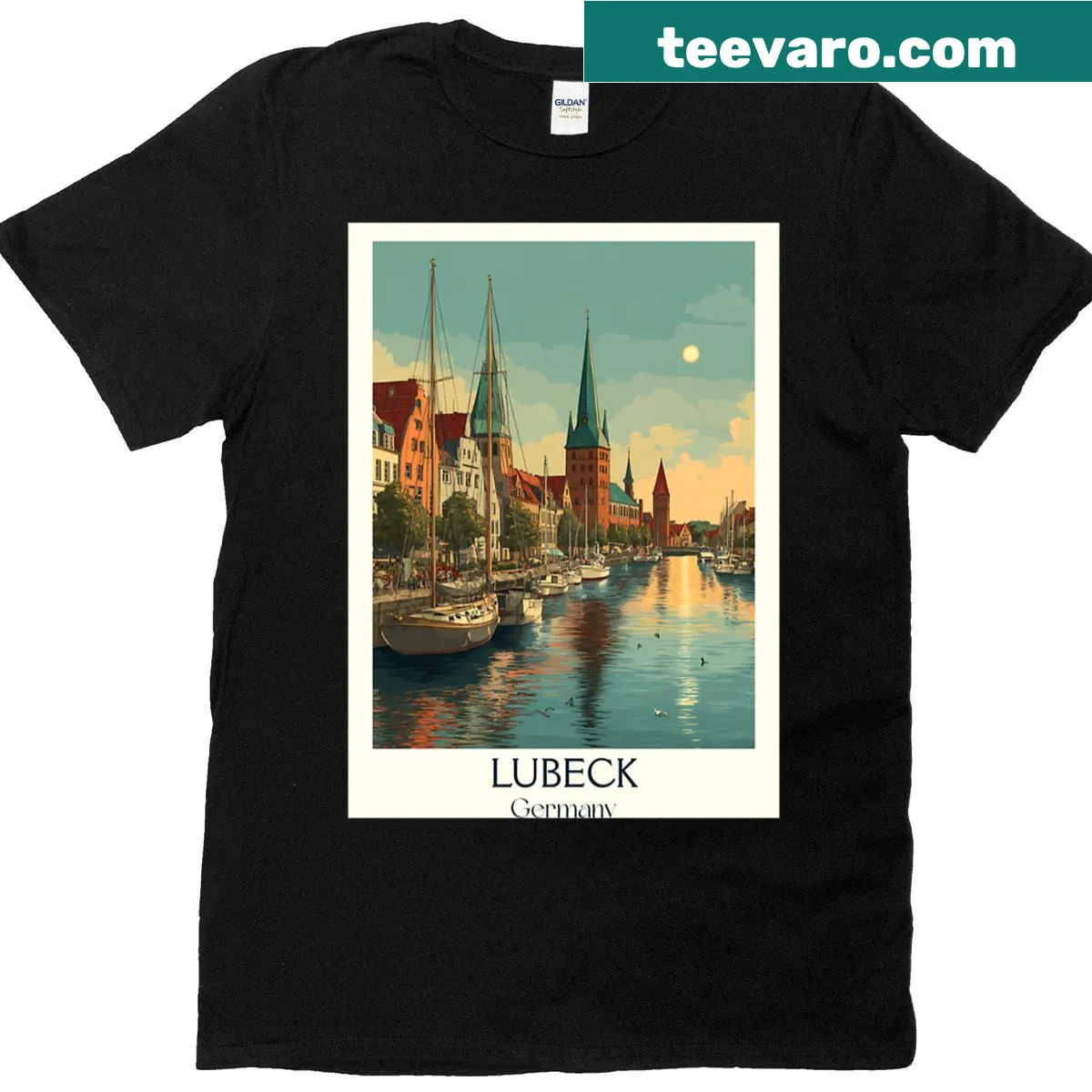 Vintage illustration of Lübeck, Germany on a t-shirt — on a men's t-shirt