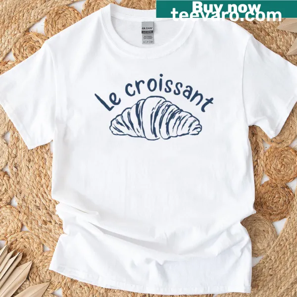 Retro French breakfast T-shirt featuring a croissant illustration.
