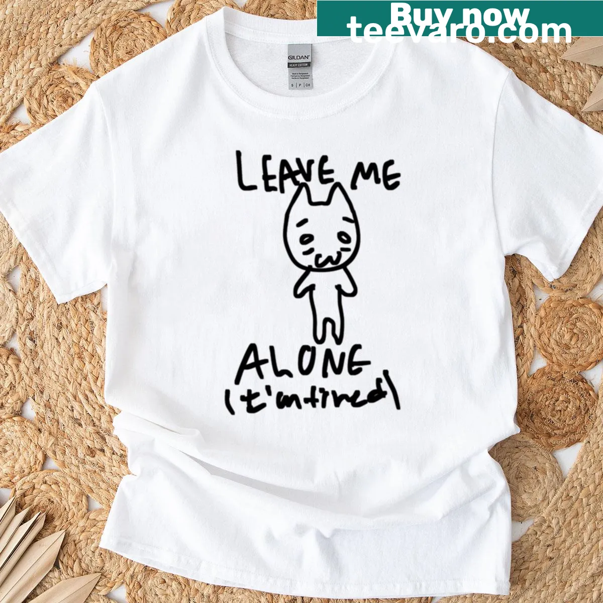 Illustrative T-shirt featuring a tired cat with humorous text. — on a men's t-shirt