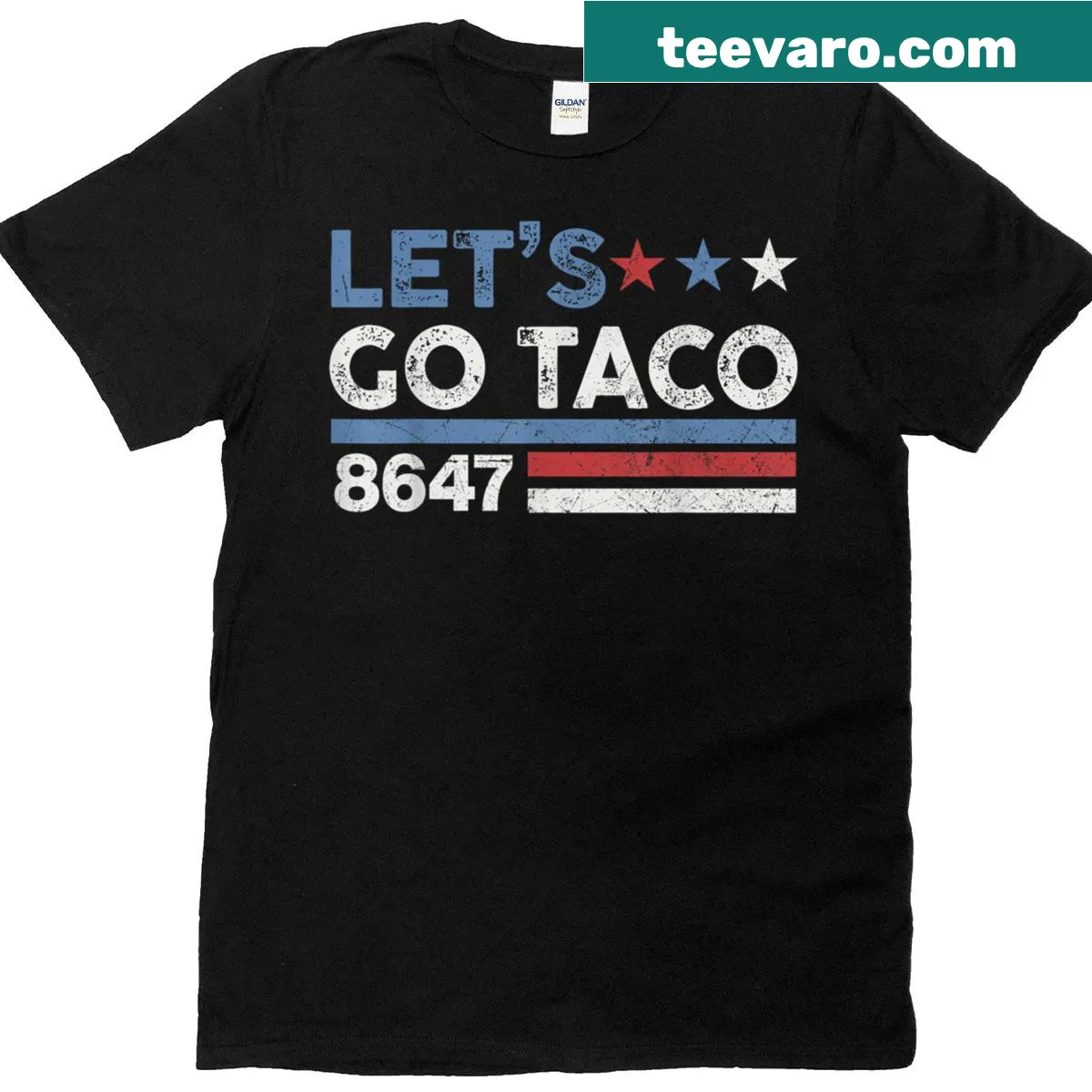 Lets Go Taco t-shirt with US flag and numbers 86 47 — on a men's t-shirt