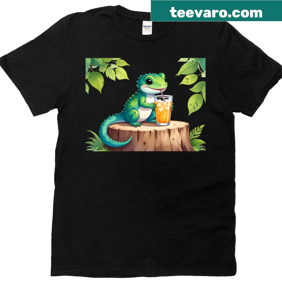 Cartoon T-shirt featuring a lizard drinking tea in a humorous design. — on a men's t-shirt