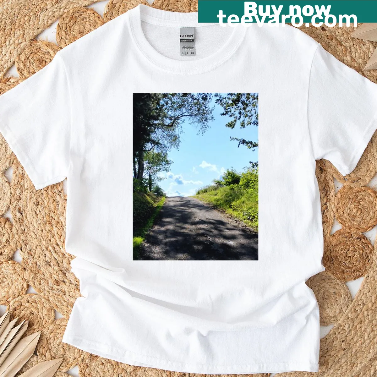 T-shirt with a serene street scene illustrating love and shade — on a men's t-shirt