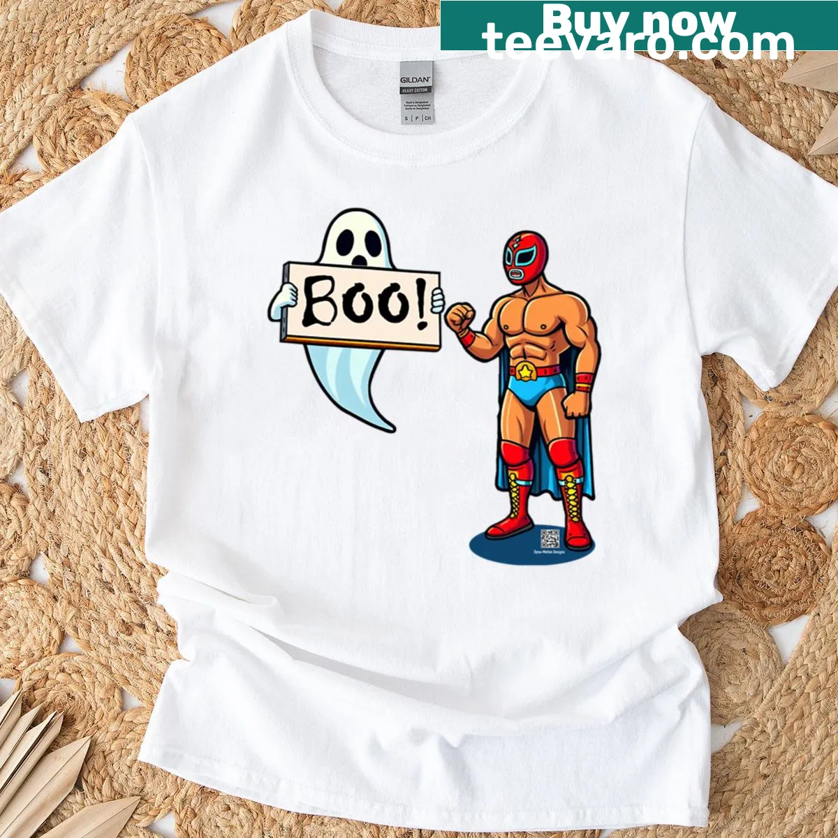 Playful lucha libre shirt featuring an illustrated character — on a men's t-shirt