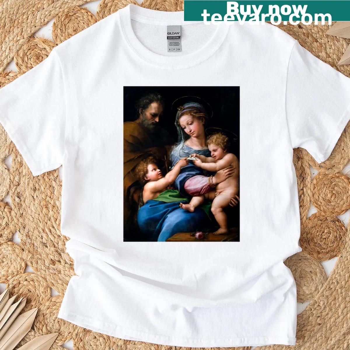 T-shirt featuring the 'Madonna Of The Rose' artwork by Raphael — on a men's t-shirt