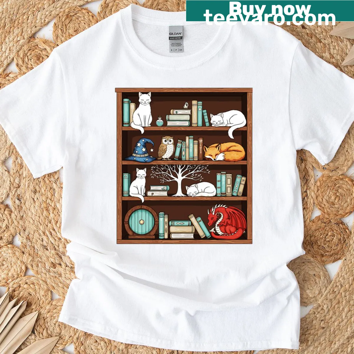 T-shirt featuring a magical bookshelf with fantasy creatures like cats and dragons — on a men's t-shirt