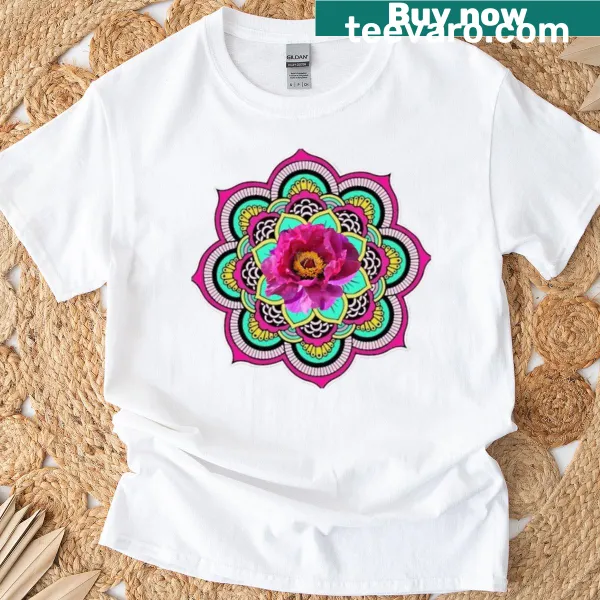 Intricate mandala and flower design on a T-shirt