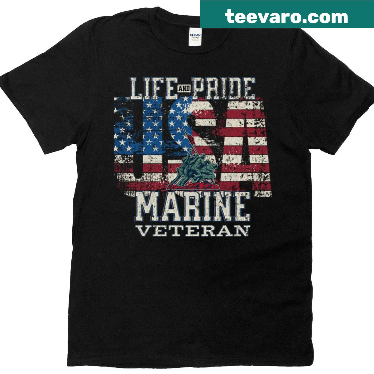 T-shirt honoring Marine veterans with Life And Pride text — on a men's t-shirt