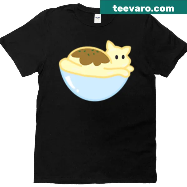 T-shirt featuring a playful kitten design with mash potatoes and gravy.