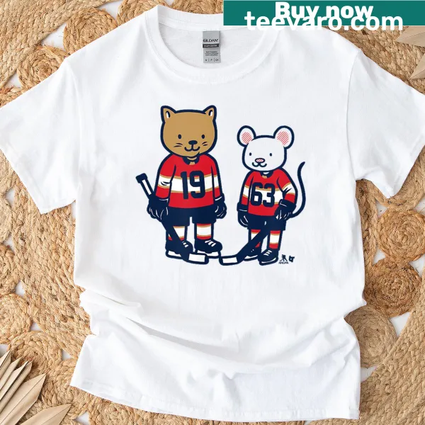 Playful Florida Hockey T-shirt with cat and rat design featuring Tkachuk and Marchand names