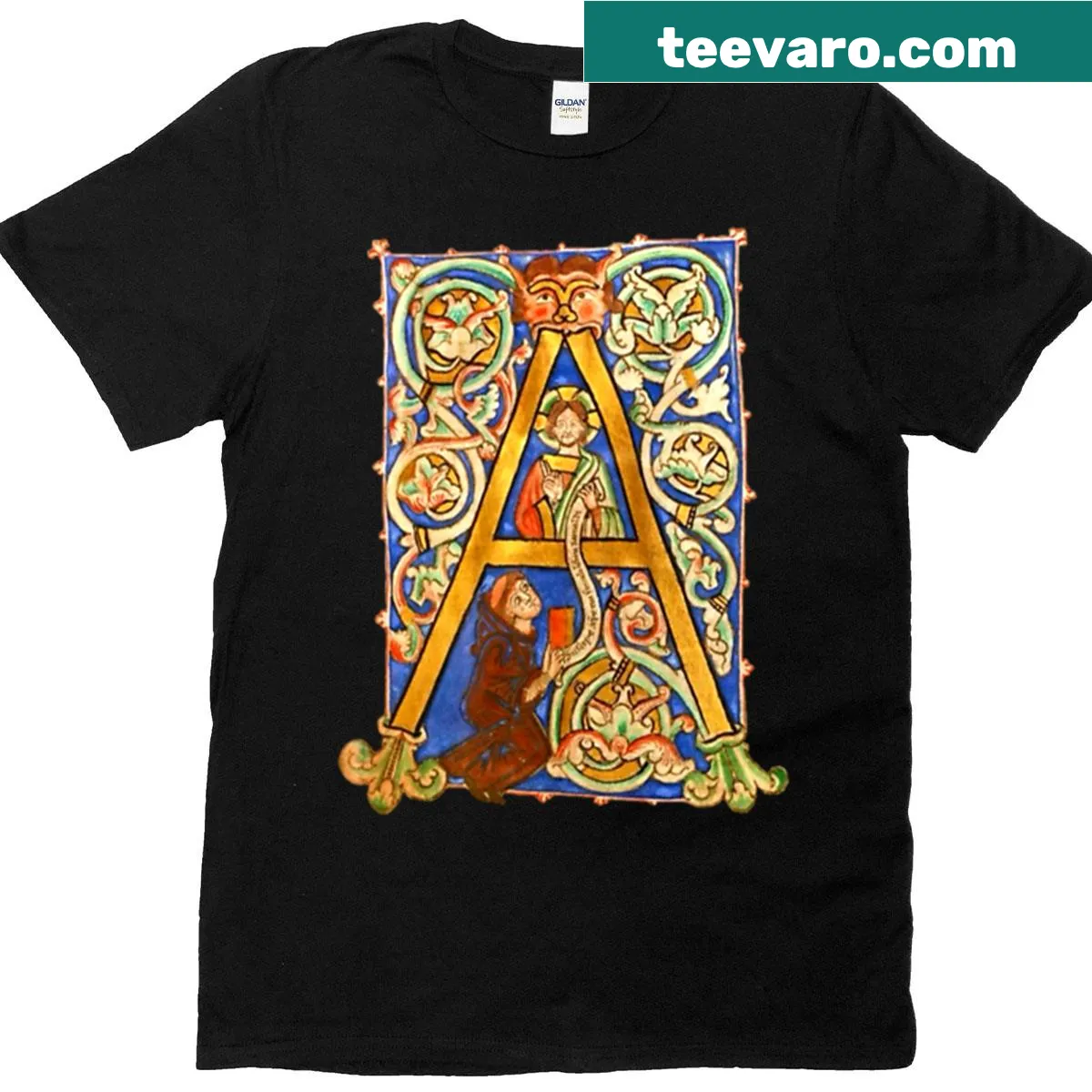 T-shirt with a medieval-themed graphic design. — on a men's t-shirt