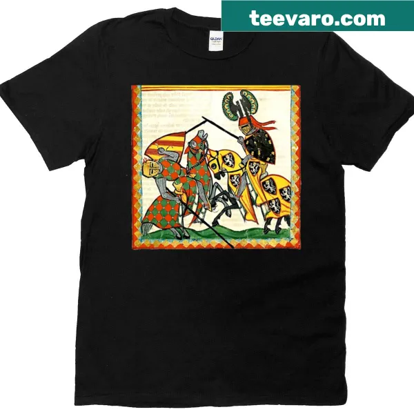 Vintage-style t-shirt featuring a medieval jousting scene