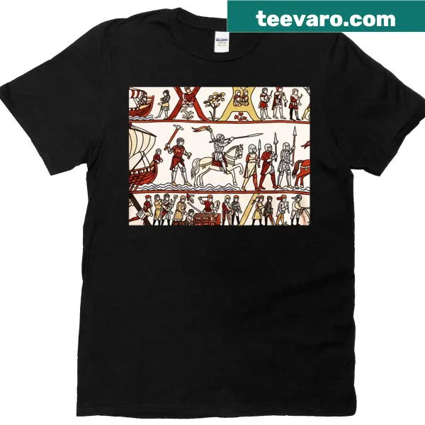 T-shirt with a vintage tapestry design of knights and battles.