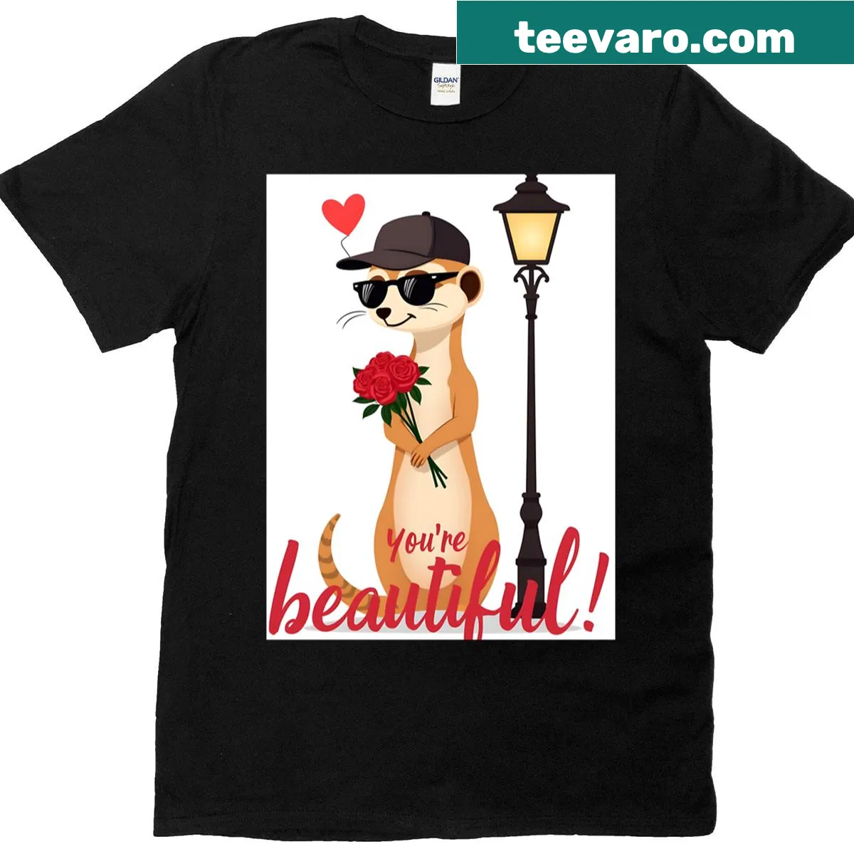 Cute meerkat illustration with text 'You’re Beautiful' on white background — on a men's t-shirt