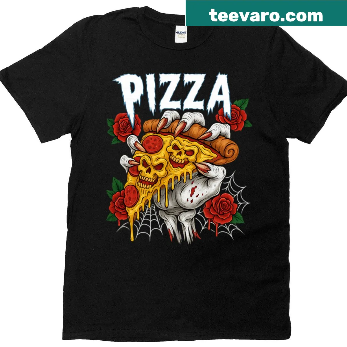 T-shirt featuring a melting pizza skull and spooky roses design. — on a men's t-shirt