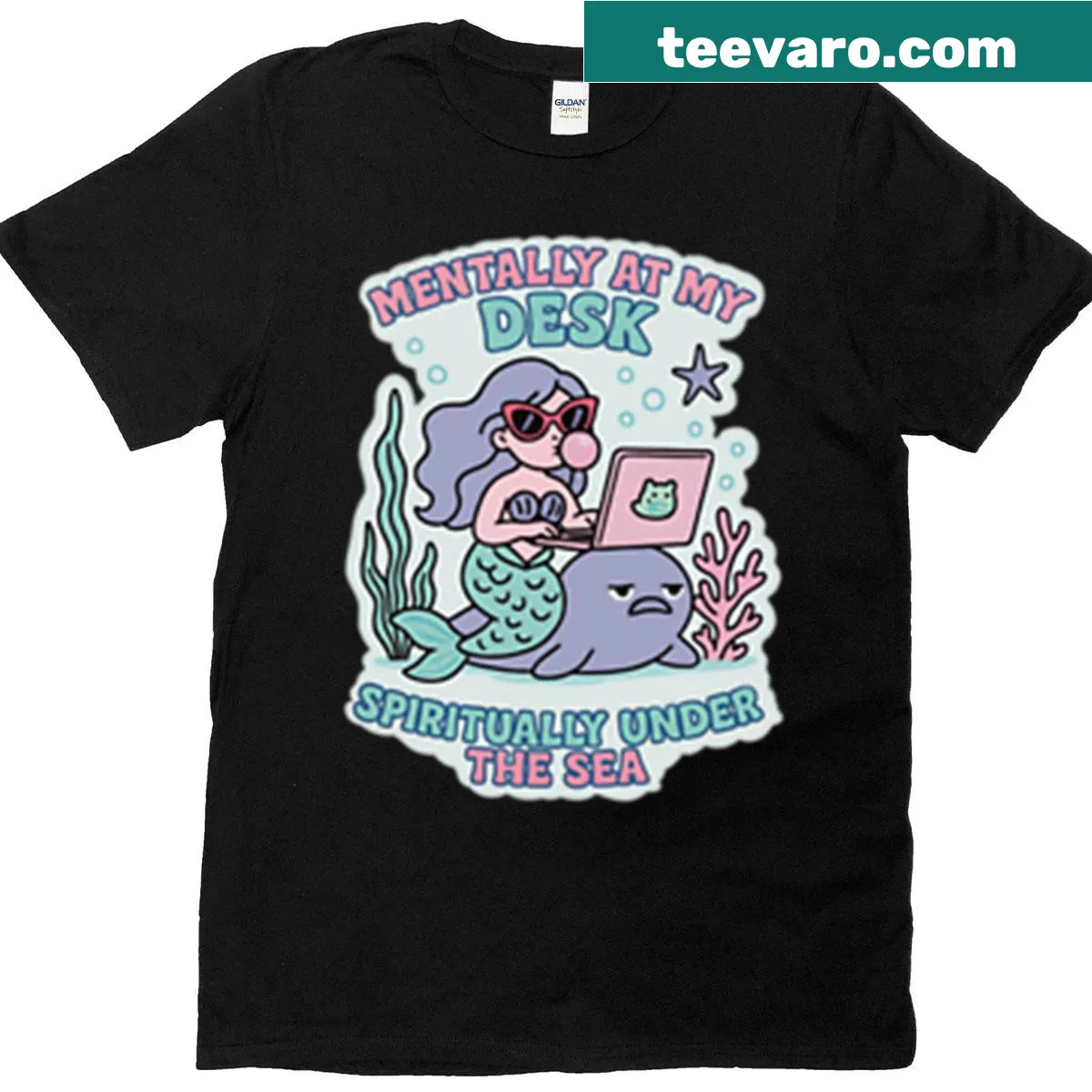 Cute mermaid graphic designed for daydreamers at their desk. — on a men's t-shirt