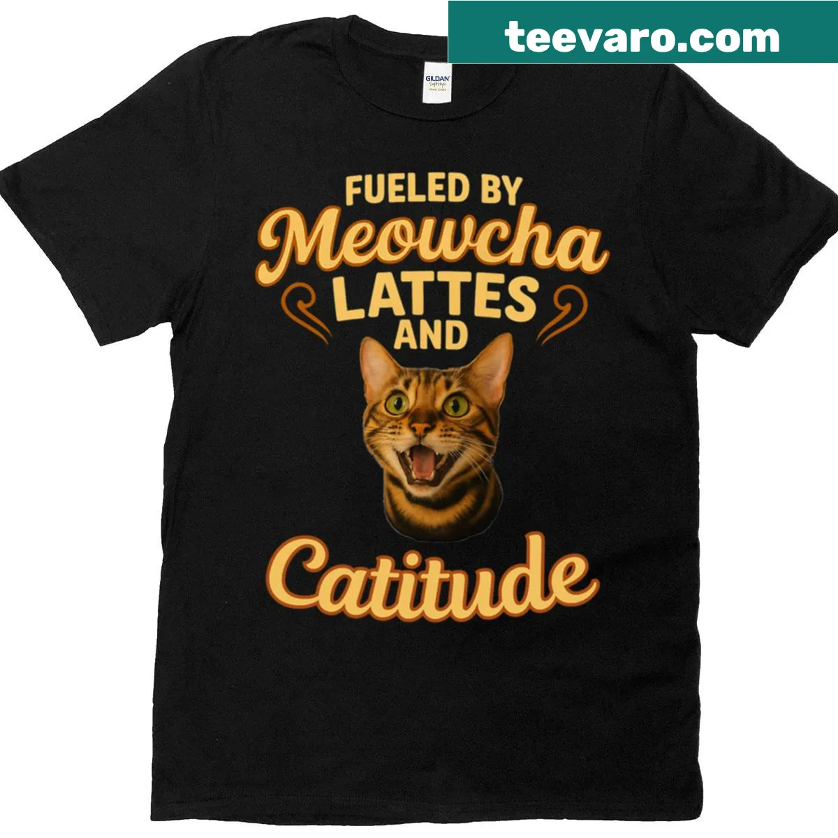 Humorous cat-themed t-shirt with coffee and Bengal cat graphic — on a men's t-shirt