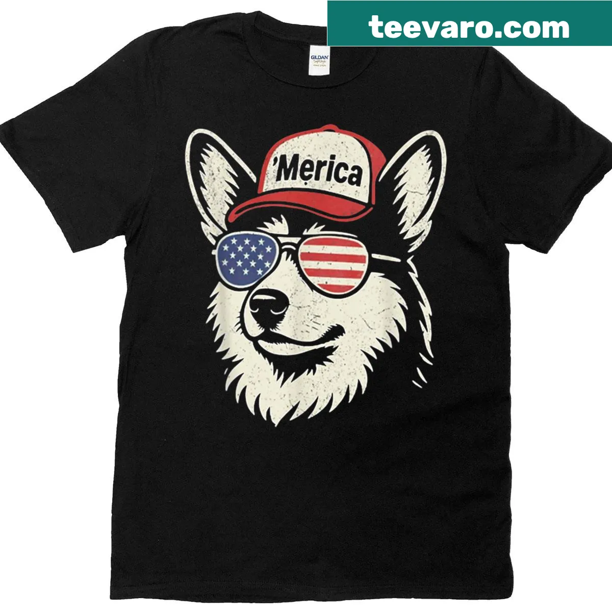 Corgi dog in sunglasses and hat for 4th of July T-shirt design — on a men's t-shirt