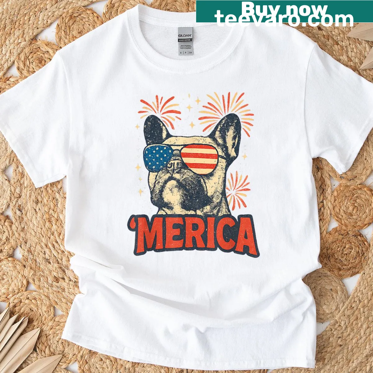 French Bulldog wearing an American flag for 4th of July celebration — on a men's t-shirt