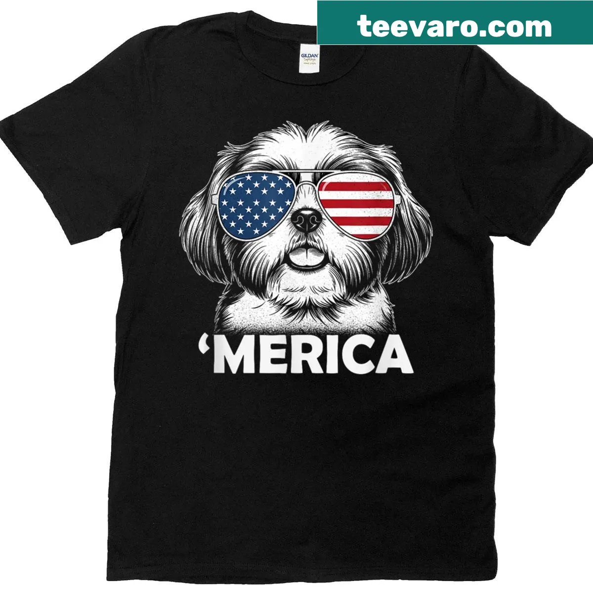 Patriotic Shih Tzu graphic for Fourth of July dog lovers. — on a men's t-shirt