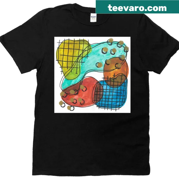 Abstract design shirt featuring watercolor and ink composition with coins