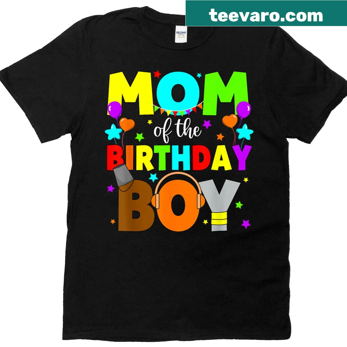 Birthday-themed t-shirt for moms of boys, featuring playful text — on a men's t-shirt